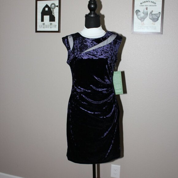 Scarlett Womens Dark Navy Blue Velvet Cocktail Dress Size 8P Mesh Inset Stretch - Picture 1 of 10